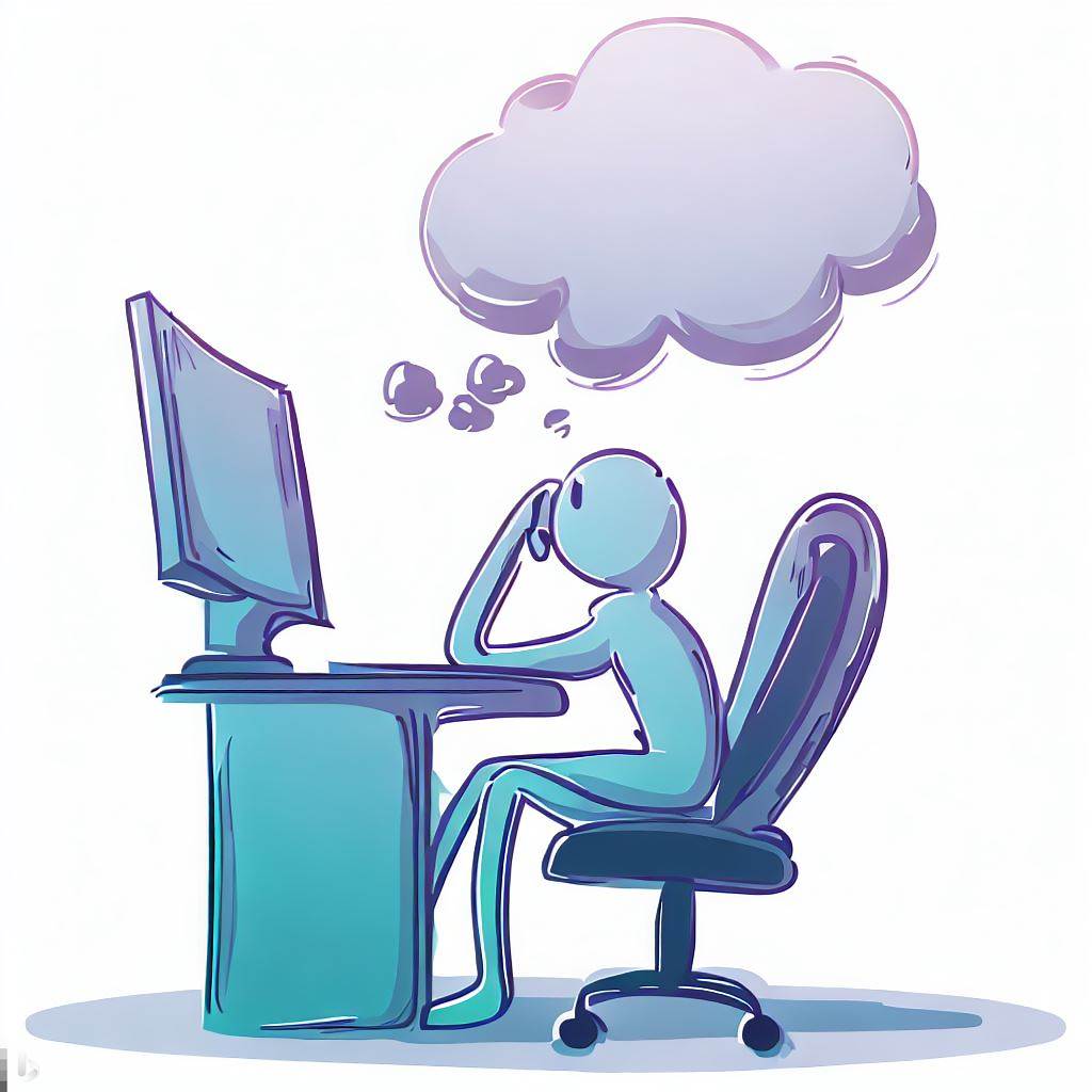 A dreamy figure sitting in front of a computer thinking in cartoon style.